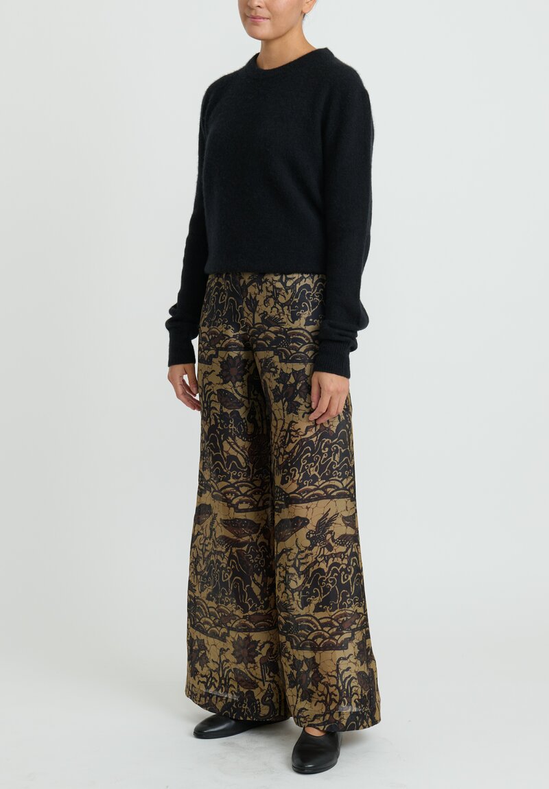Biyan Batik Print Silk Organza ''Fienna'' Pants in Navy Blue & Golden Brown	