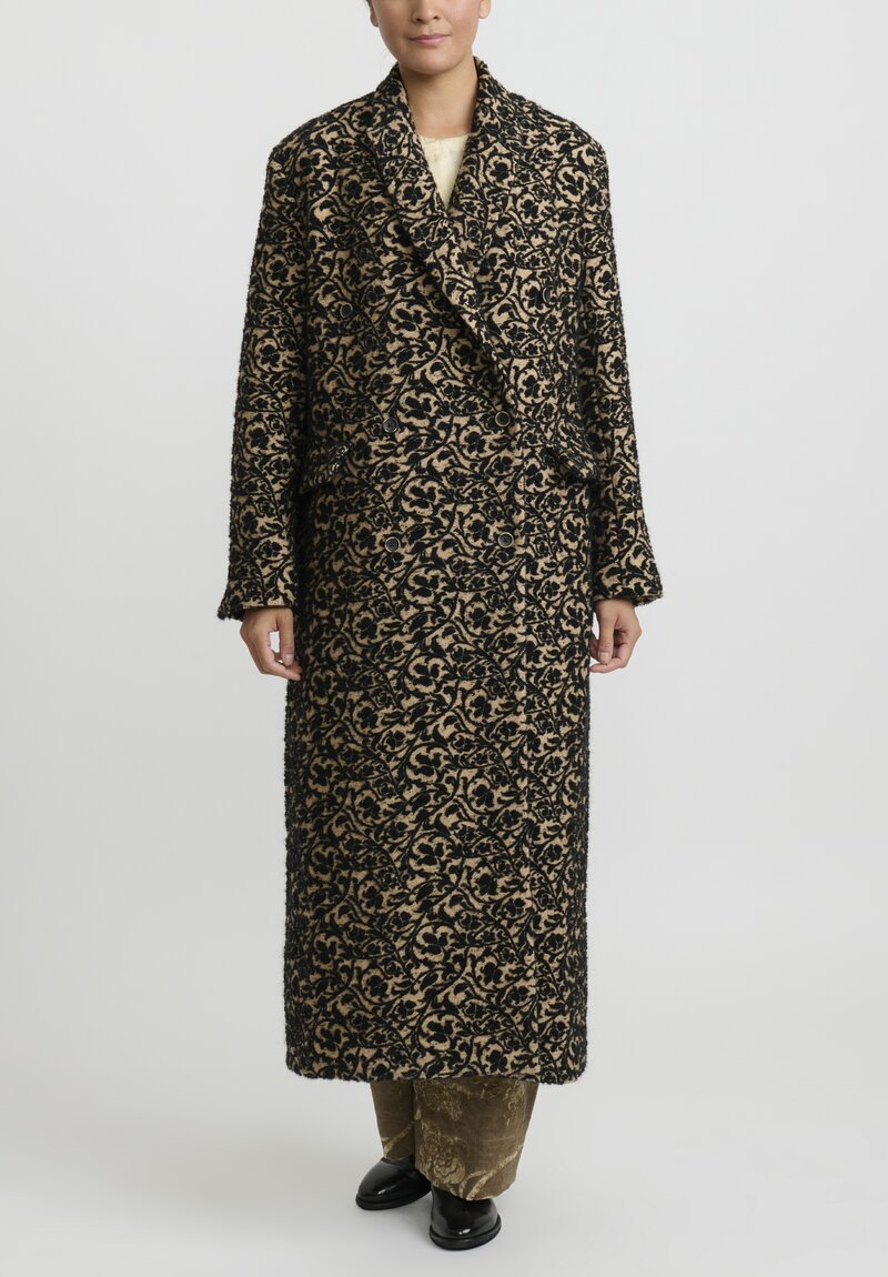 Uma Wang Floral Damask Double Breasted ''Callie'' Coat in Black & Natural	