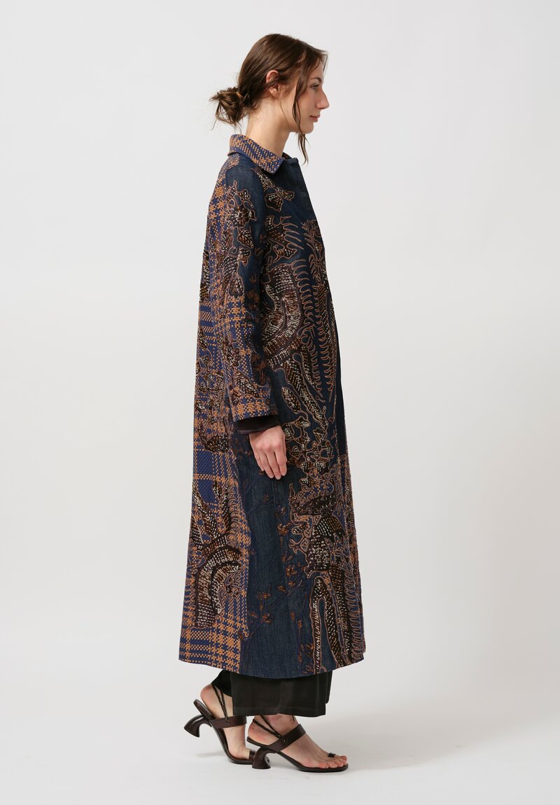 Biyan Appliqué Denim and Tweed Jacquard Coat in Navy Blue & Brown	