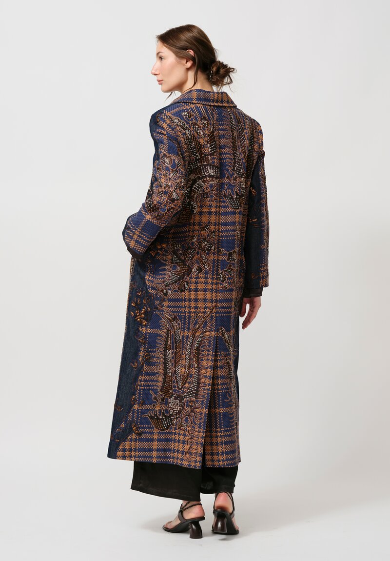 Biyan Appliqué Denim and Tweed Jacquard Coat in Navy Blue & Brown	