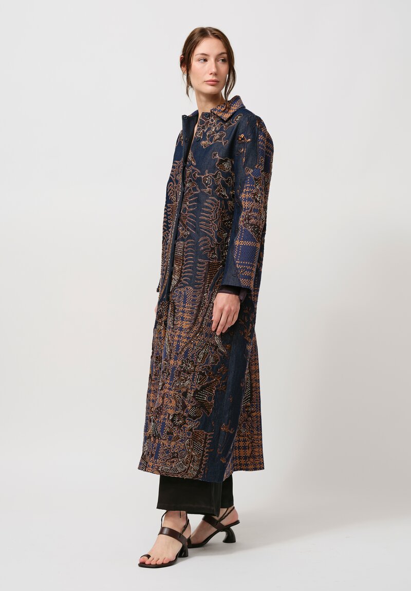 Biyan Appliqué Denim and Tweed Jacquard Coat in Navy Blue & Brown	