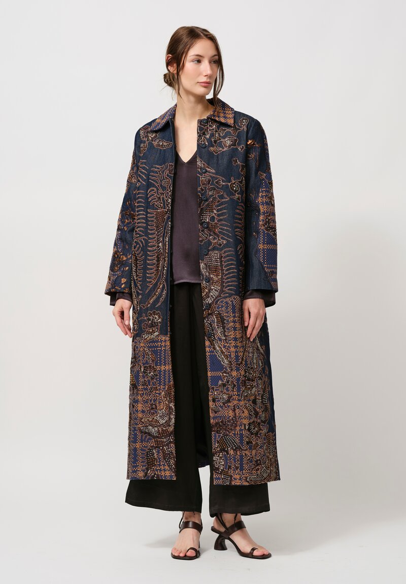 Biyan Appliqué Denim and Tweed Jacquard Coat in Navy Blue & Brown	