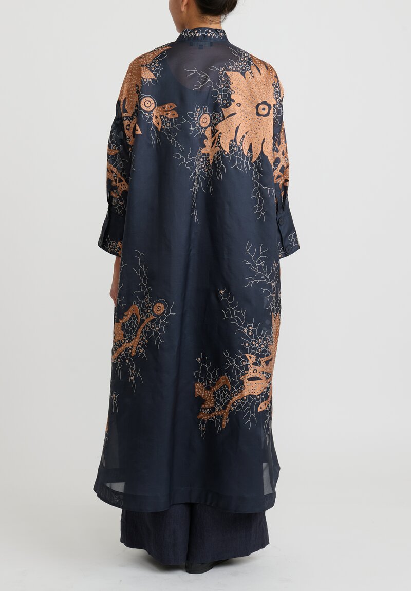 Biyan Embroidered Silk Organza Oversized Hiyori Coat in Navy Blue & Bronze