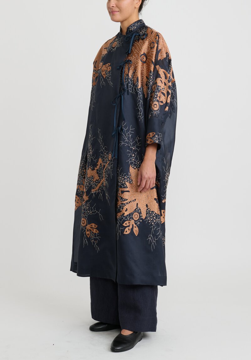 Biyan Embroidered Silk Organza Oversized Hiyori Coat in Navy Blue & Bronze