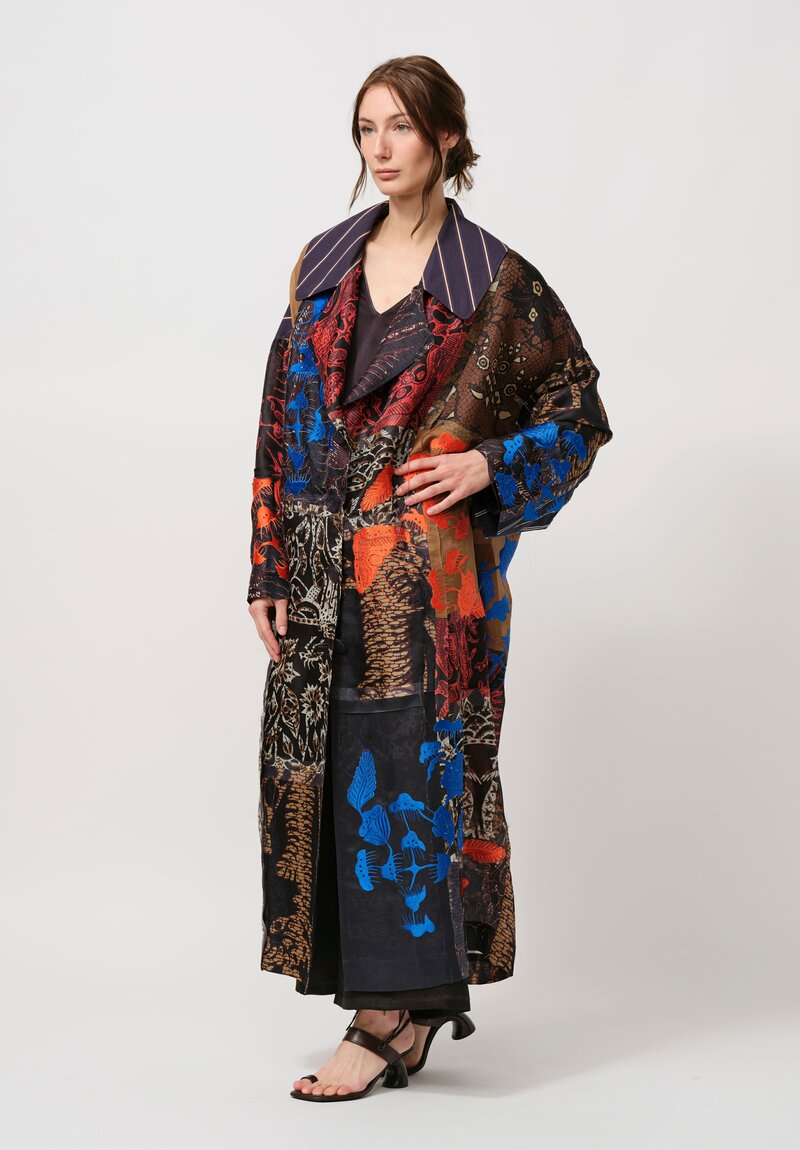 Biyan Embroidered Organza Patchwork ''Heyer'' Coat in Blue Multicolor	