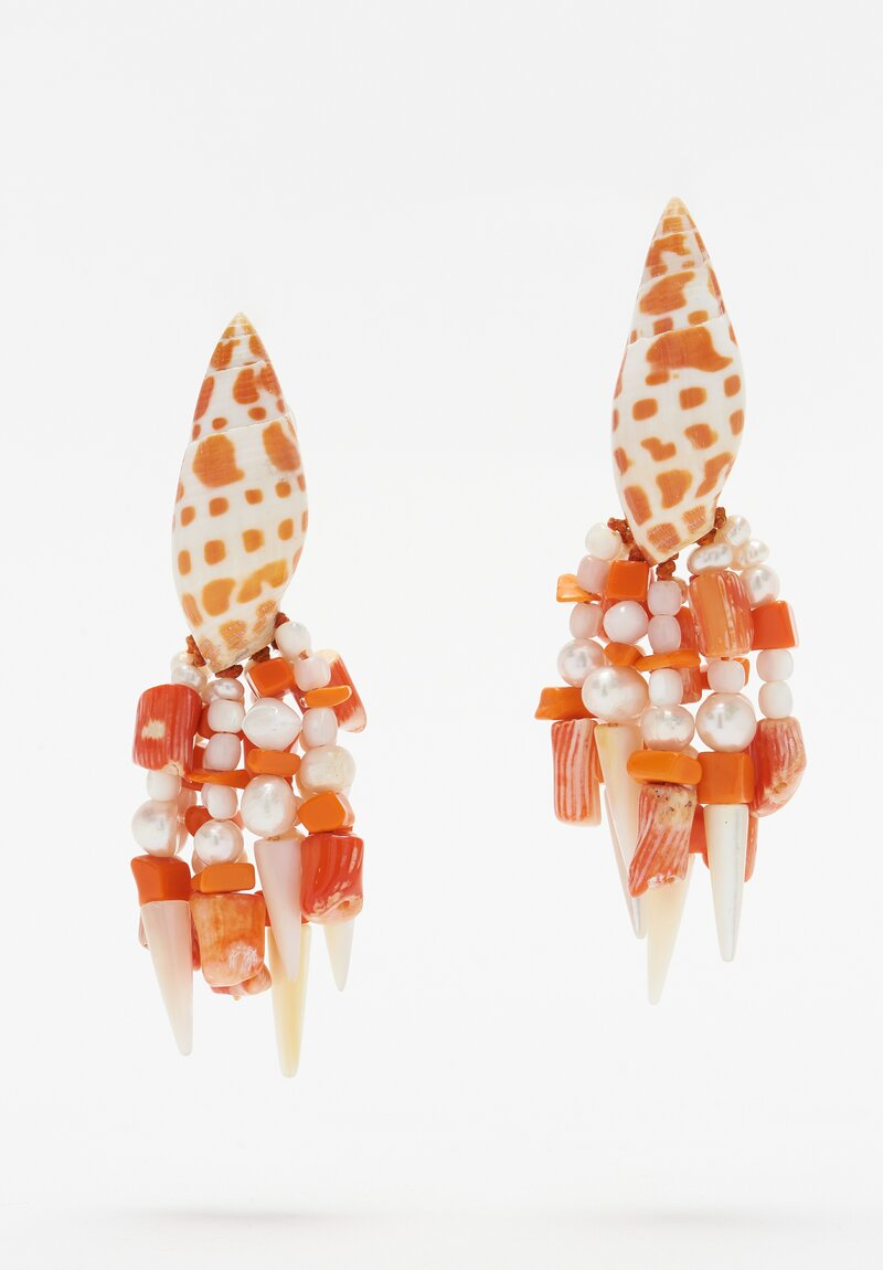 Monies Shell, Pearl, Mother of Pearl, Coral and Bone Earrings	
