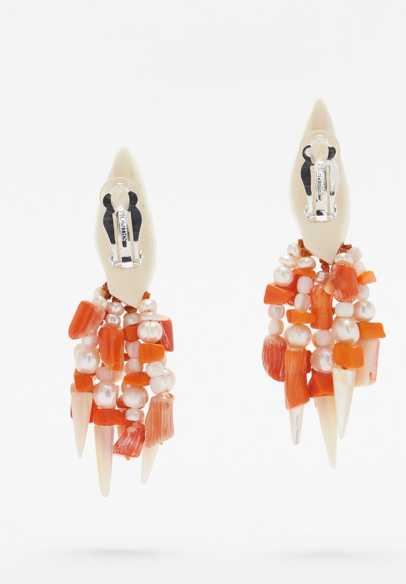 Monies Shell, Pearl, Mother of Pearl, Coral and Bone Earrings	