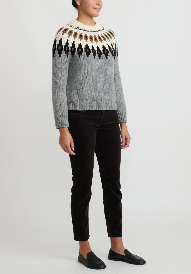 Wommelsdorff Hand Knit Lotta Fair Isle Cashmere Sweater in Grey & Off White	