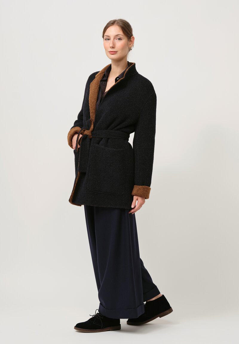 Nanna Pause Belted Aaron Coat in Navy Blue & Alpaca Brown	