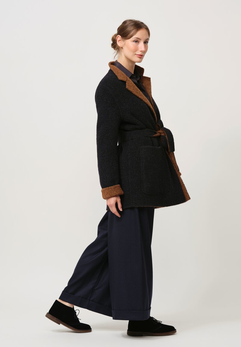 Nanna Pause Belted Aaron Coat in Navy Blue & Alpaca Brown	