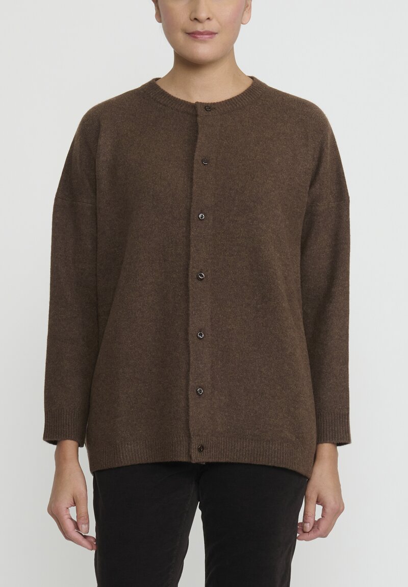 Kaval Wool and Sable Knit Crewneck Cardigan in Brown