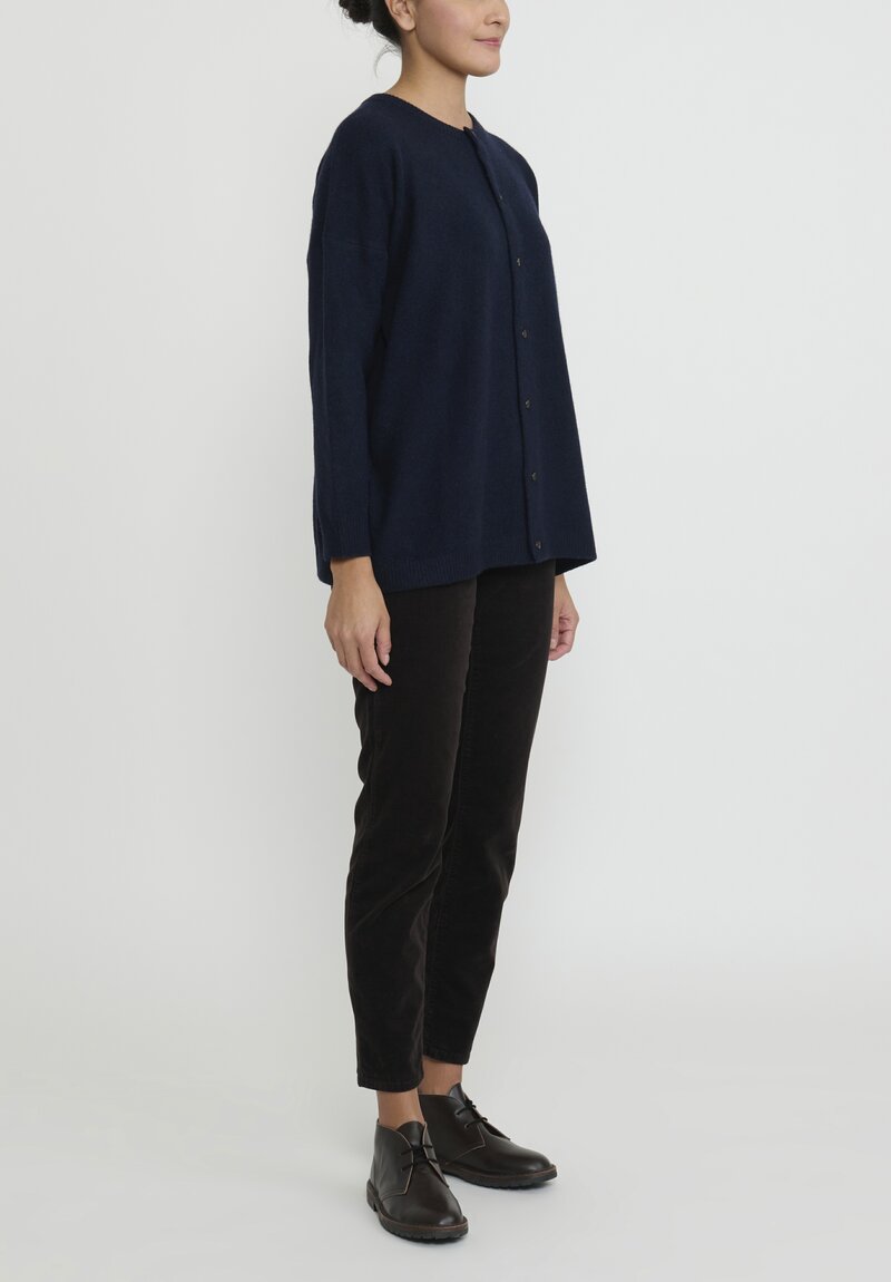 Kaval Wool and Sable Knit Crewneck Cardigan	in Navy Blue