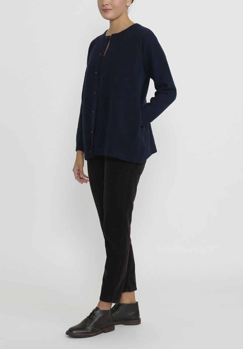 Kaval Wool and Sable Knit Crewneck Cardigan	in Navy Blue