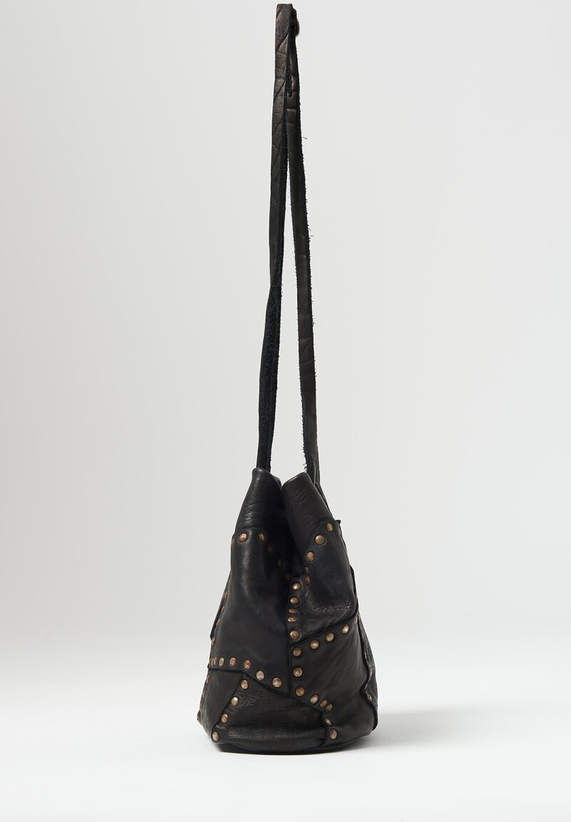 Guidi Patchwork Leather Bucket Bag with Rivets in Black