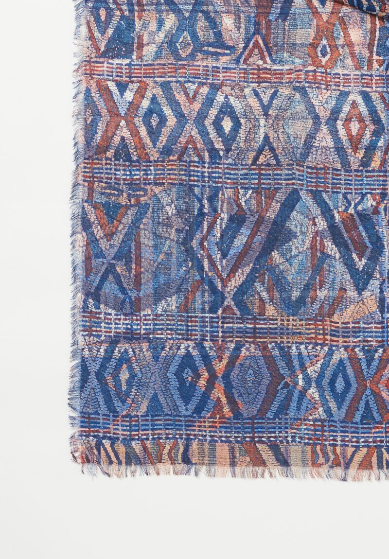 Alonpi Cashmere Large Printed Scarf in Blue & Bronze	
