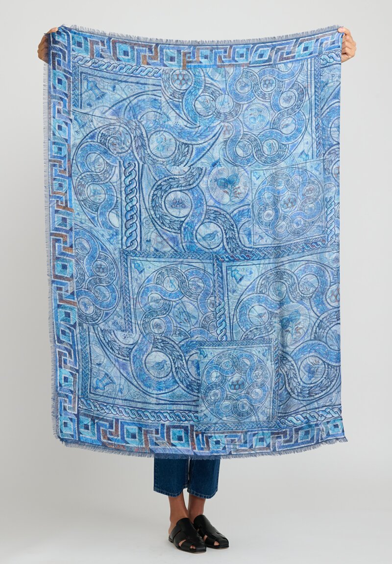 Alonpi Cashmere Large Printed Scarf in Blue Mosaic	