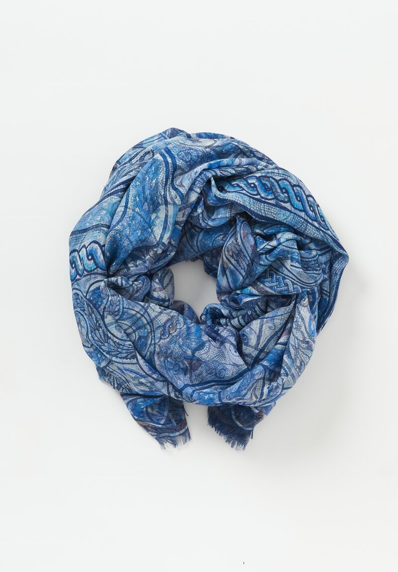 Alonpi Cashmere Large Printed Scarf in Blue Mosaic	