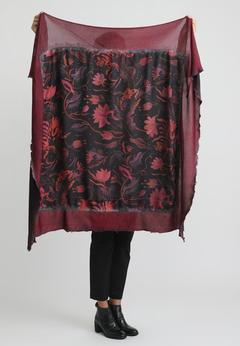 Avant Toi Cashmere Silk Quadrello ''Tigri e Fiori'' Scarf in Nero Camelia Red	