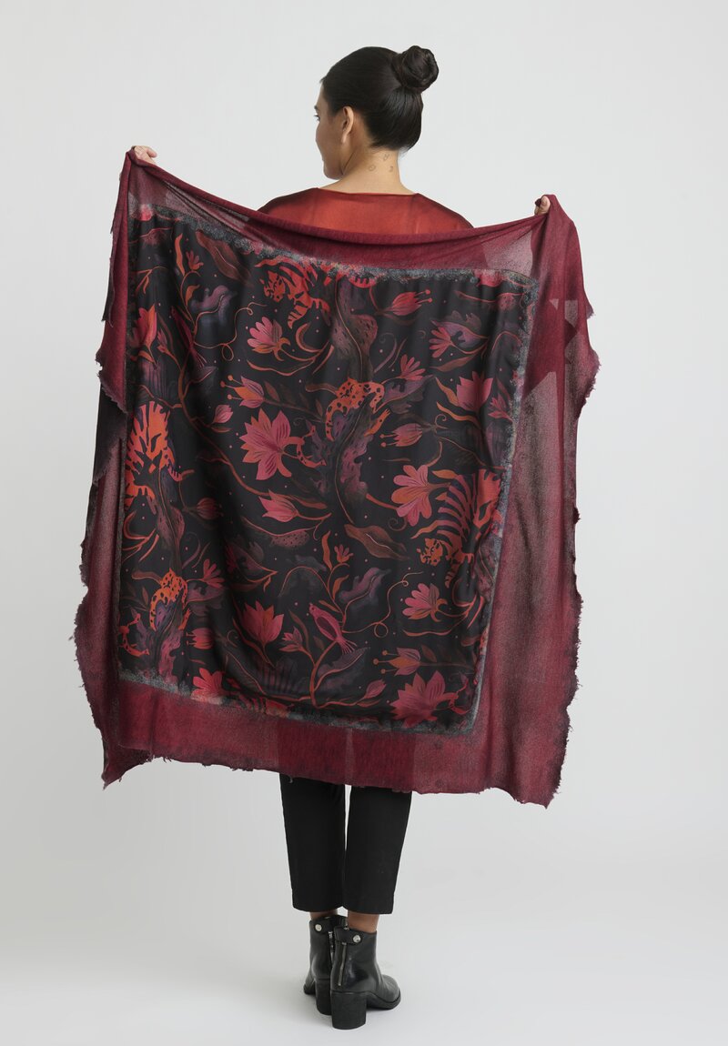 Avant Toi Cashmere Silk Quadrello ''Tigri e Fiori'' Scarf in Nero Camelia Red	