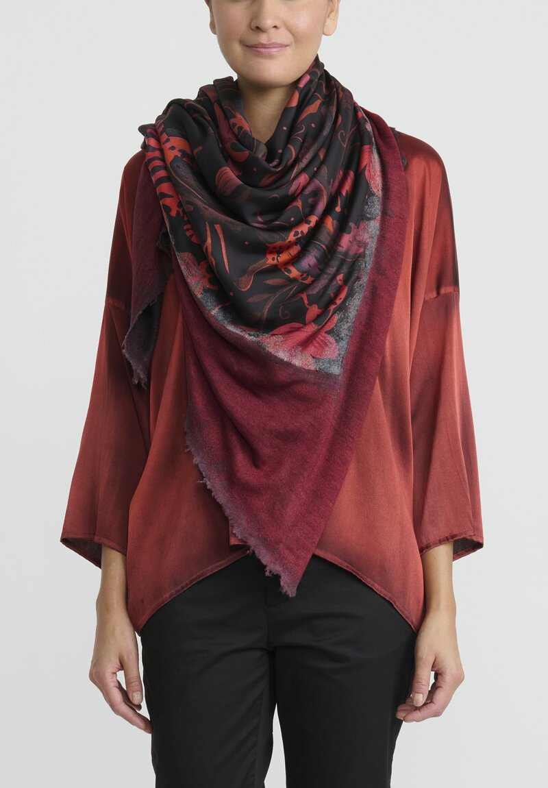 Avant Toi Cashmere Silk Quadrello ''Tigri e Fiori'' Scarf in Nero Camelia Red	