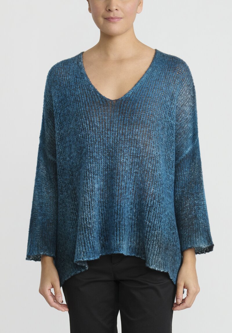 Avant Toi Loose Knit V-Neck Sweater in Nero Curacao Blue	