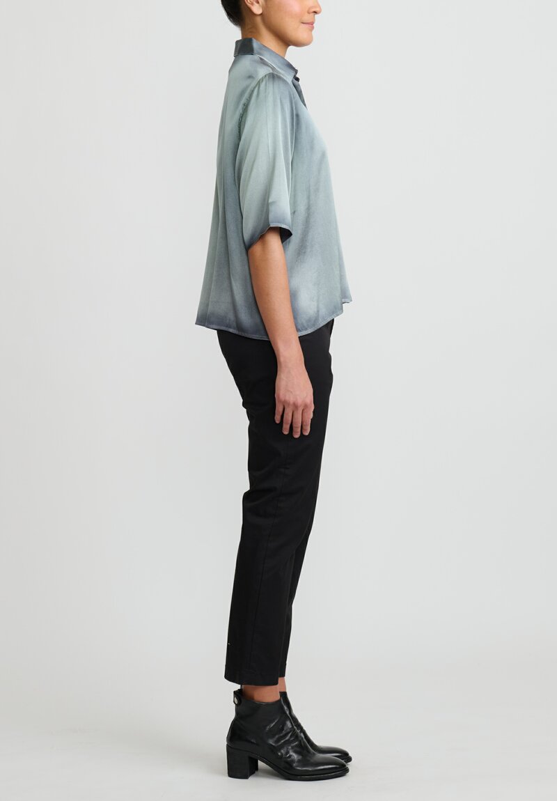 Avant Toi Hand-Painted Silk Short Sleeve Shirt in Nero Jade Green	