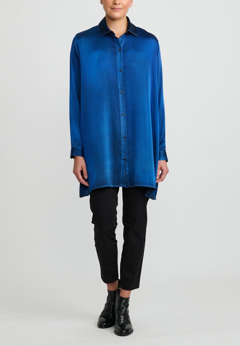 Avant Toi Hand-Painted Silk Shirt in Nero Genziana Blue	