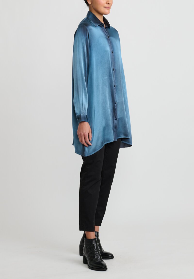 Avant Toi Hand-Painted Silk Shirt in Nero Water Blue	
