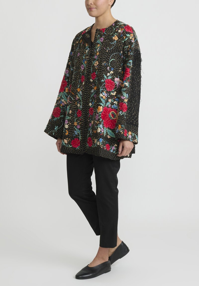 By Walid Antique Silk Piano Shawl Jackie Jacket in Black, Red Rose