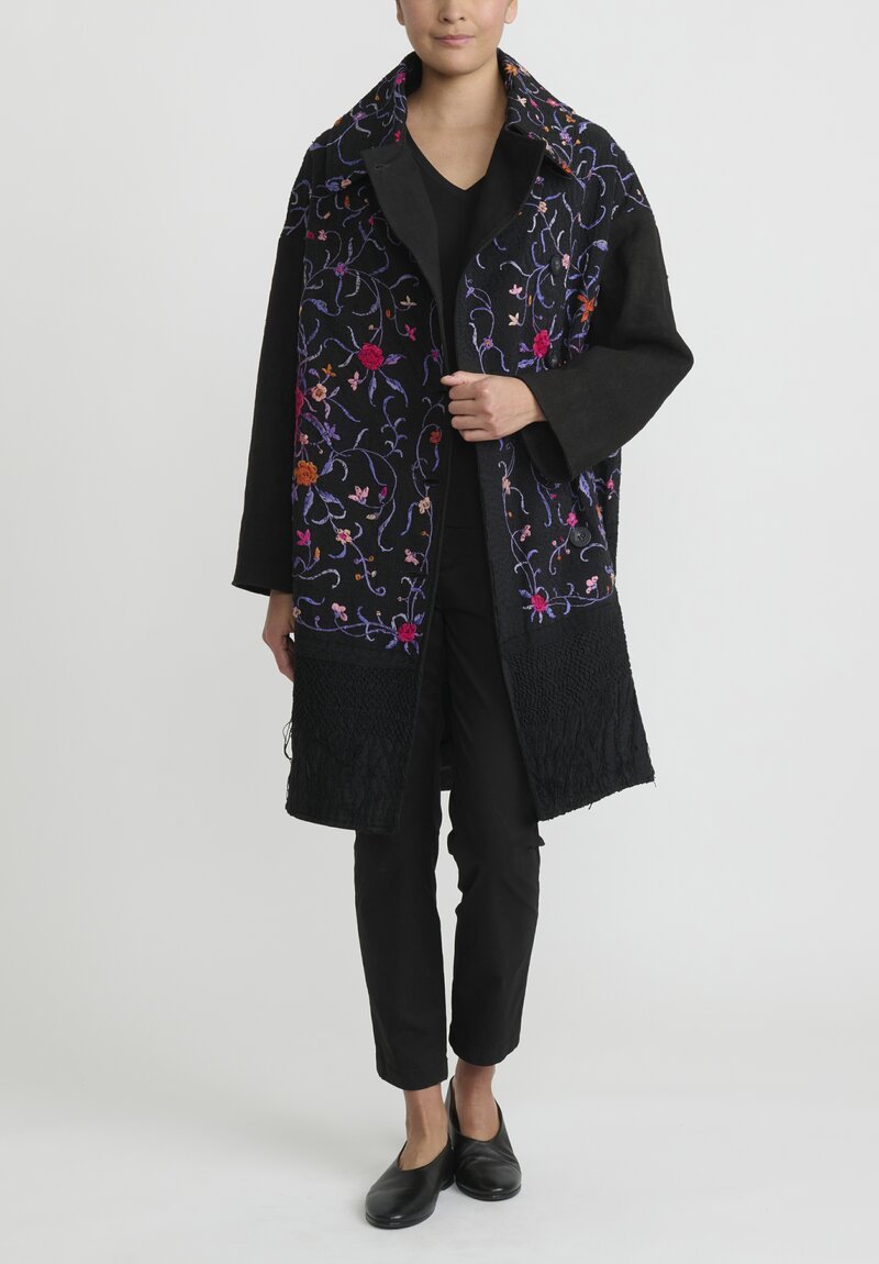 By Walid Silk Antique Piano Shawl Cocoon Coat in Black, Lilac