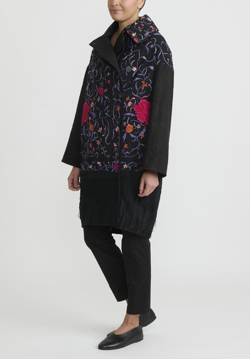 By Walid Silk Antique Piano Shawl Cocoon Coat in Black, Lilac