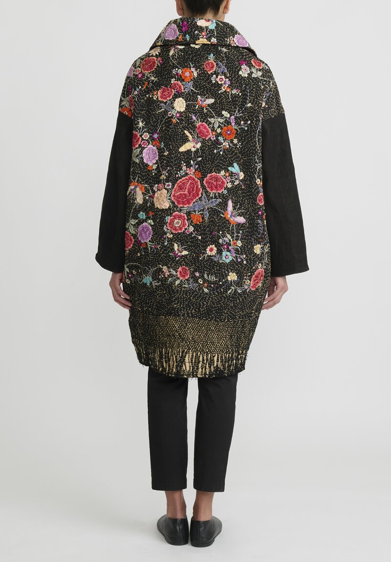 By Walid Silk Antique Piano Shawl Cocoon Coat in Black, Peach