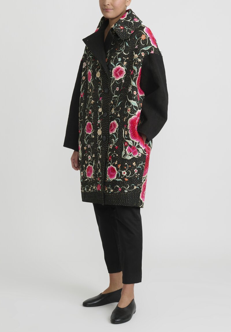 By Walid Silk Antique Piano Shawl Cocoon Coat in Black, Rose Pink