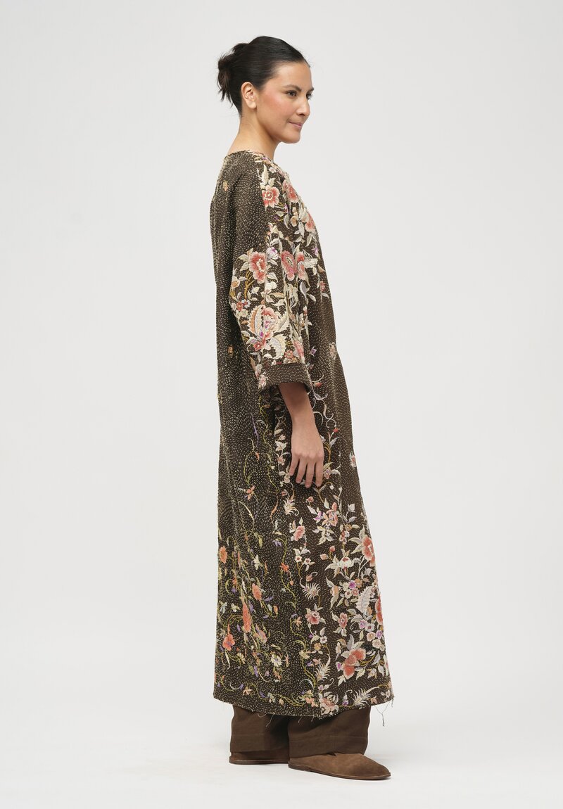 By Walid Antique Silk Piano Shawl Oversized Dress in Brown & Pink Roses	