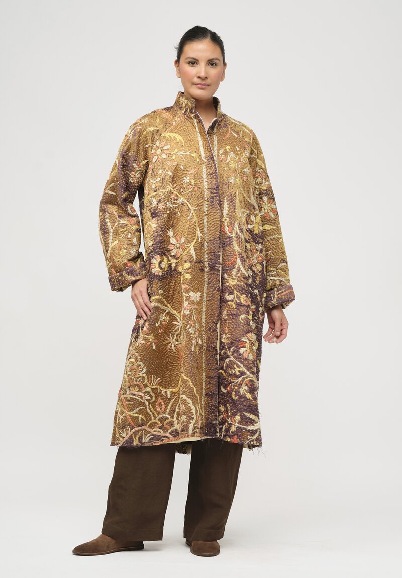 By Walid Antique Silk Chinese Panel Sylvia Coat in Brown and Peach	