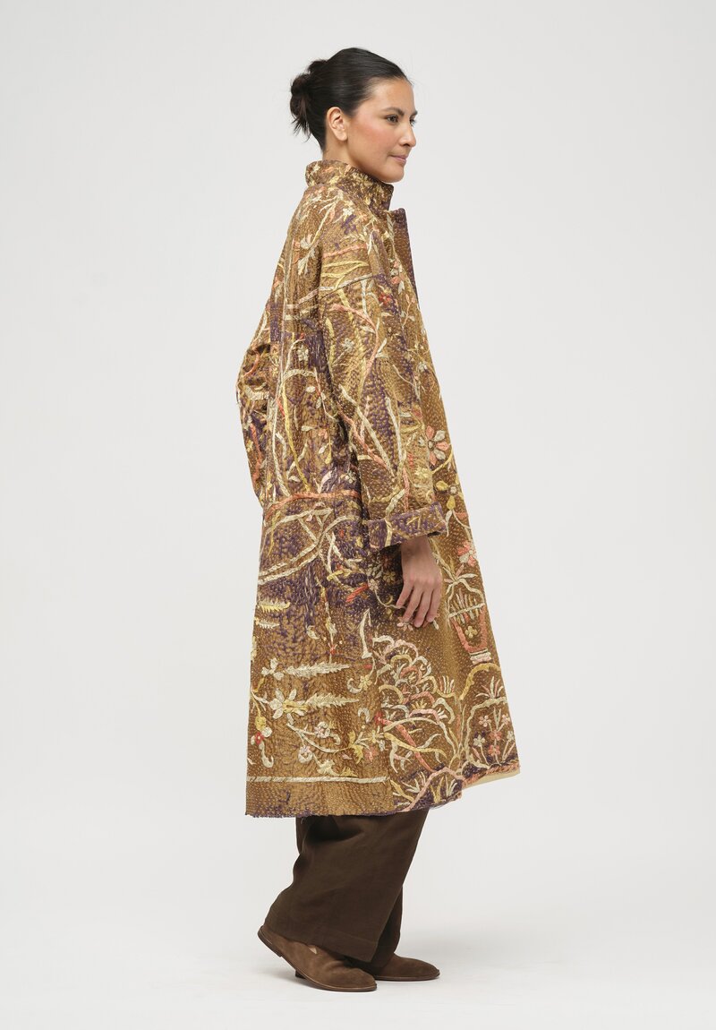 By Walid Antique Silk Chinese Panel Sylvia Coat in Brown and Peach	