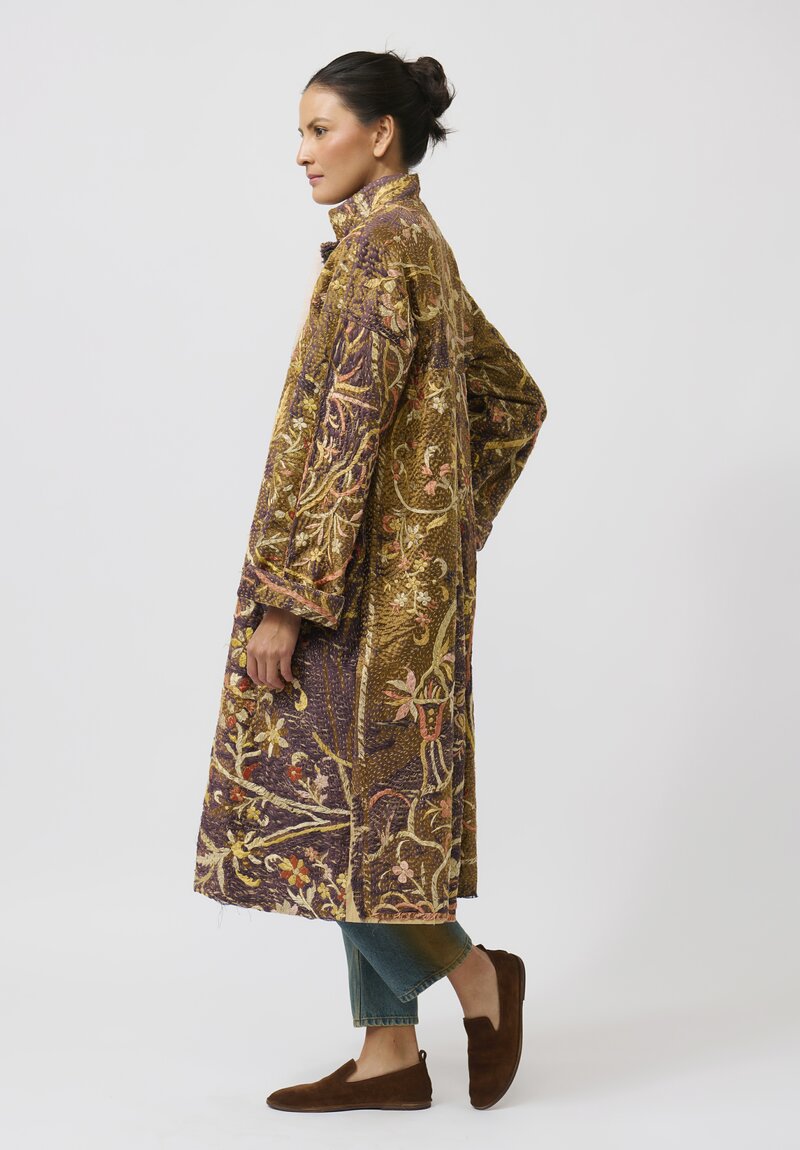 By Walid Antique Silk Chinese Panel Sylvia Coat in Brown and Peach	