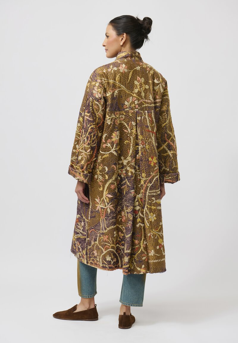 By Walid Antique Silk Chinese Panel Sylvia Coat in Brown and Peach	