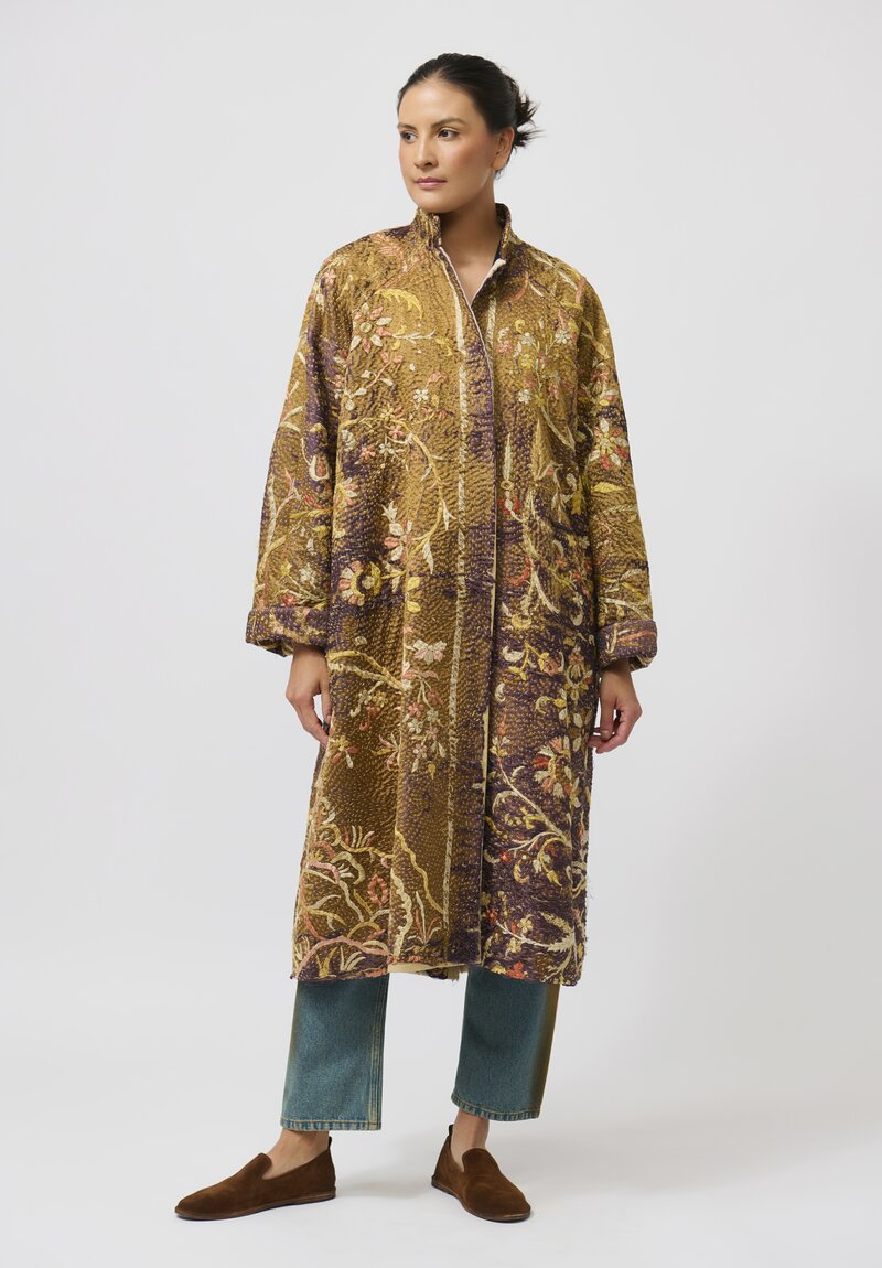 By Walid Antique Silk Chinese Panel Sylvia Coat in Brown and Peach	