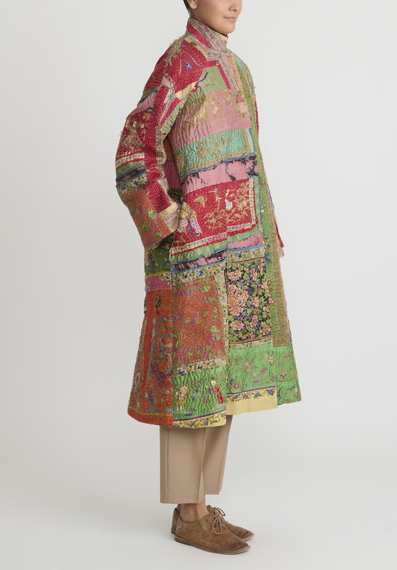 By Walid Antique Silk Chinese Panel Sylvia Coat in Green Red and Pink Multicolor