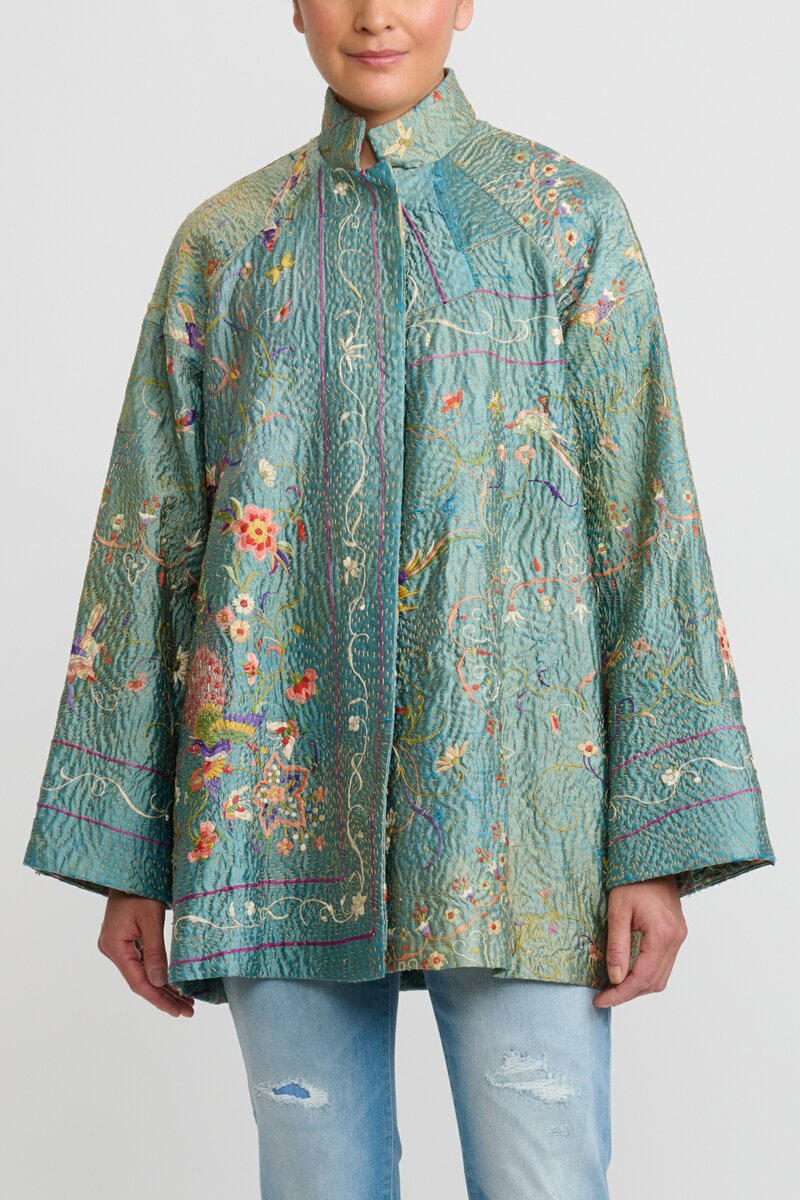 By Walid Antique Silk Chinese Panel Crystal Jacket in Blue