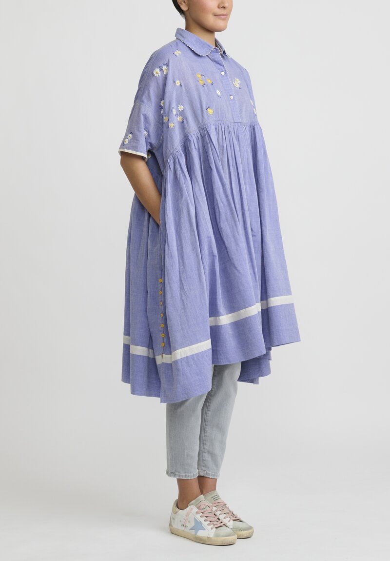 Péro Handmade Cotton Dress with Embroidered Flowers in Blue	