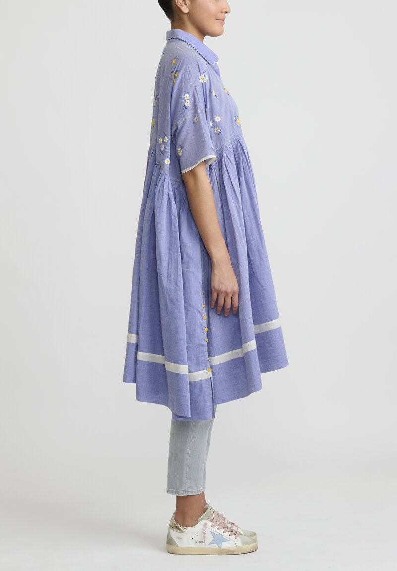 Péro Handmade Cotton Dress with Embroidered Flowers in Blue	