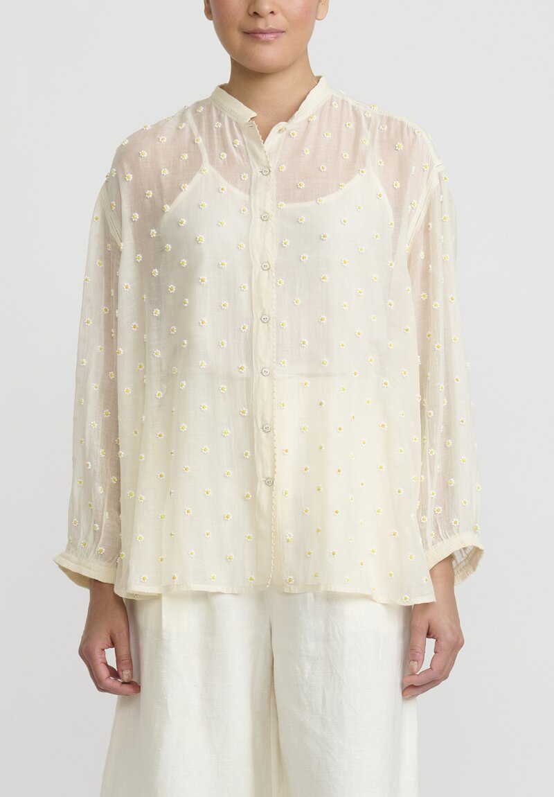 Péro Cotton and Silk Beaded Daisy Shirt in Ivory	
