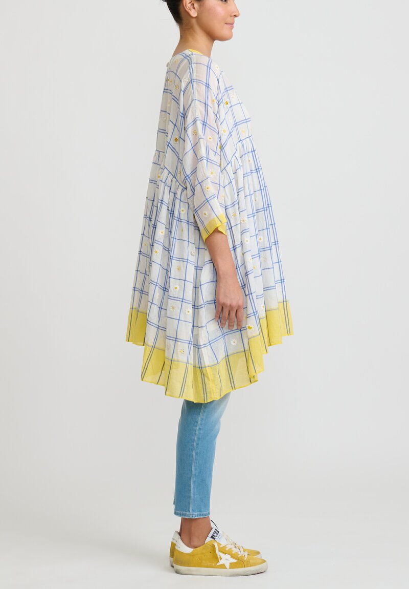 Péro Cotton Plaid Embellished Daisy Top in Blue and Yellow	