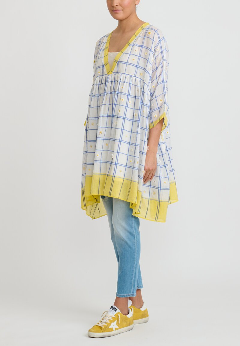 Péro Cotton Plaid Embellished Daisy Top in Blue and Yellow	
