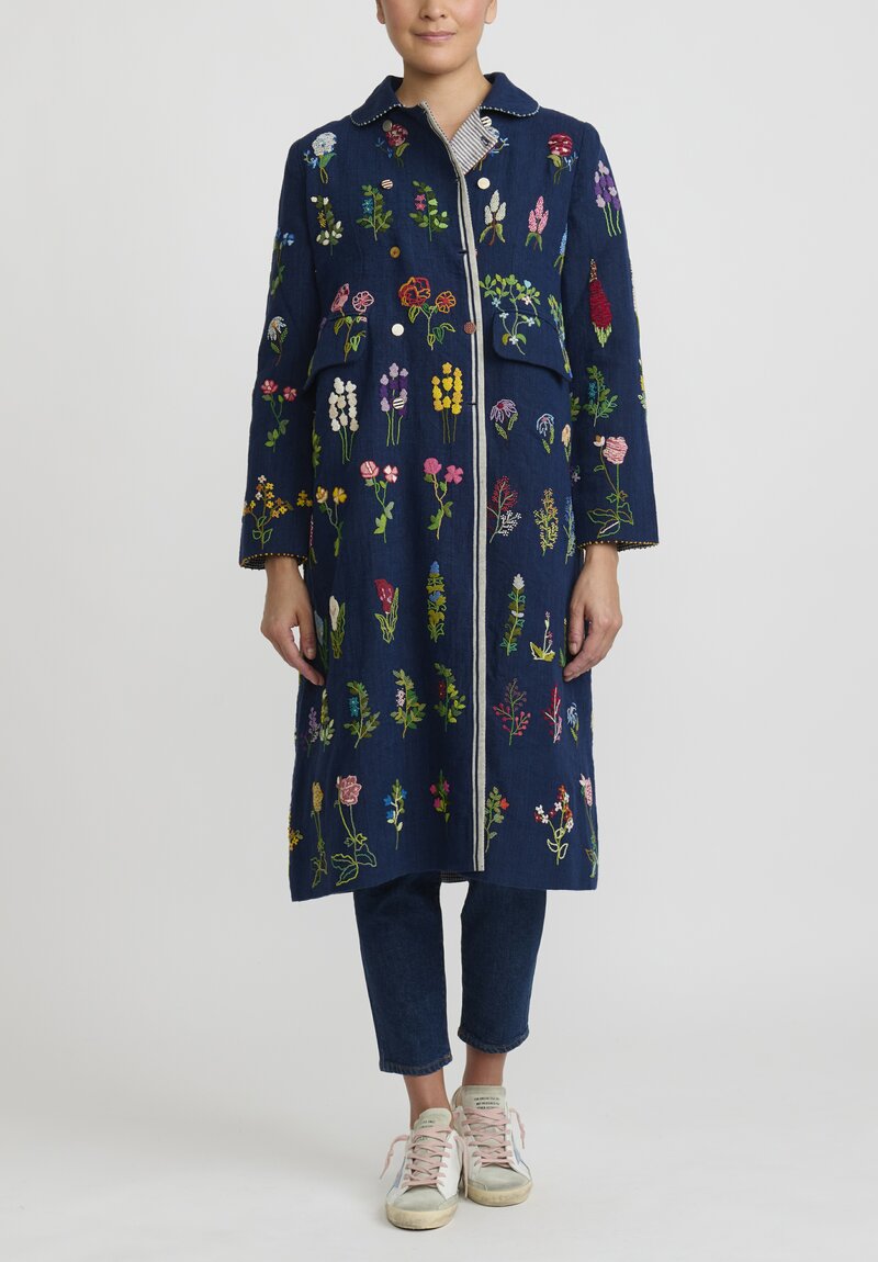 Péro Limited Edition Hand Embroidered Long Linen Coat in Indigo Blue	
