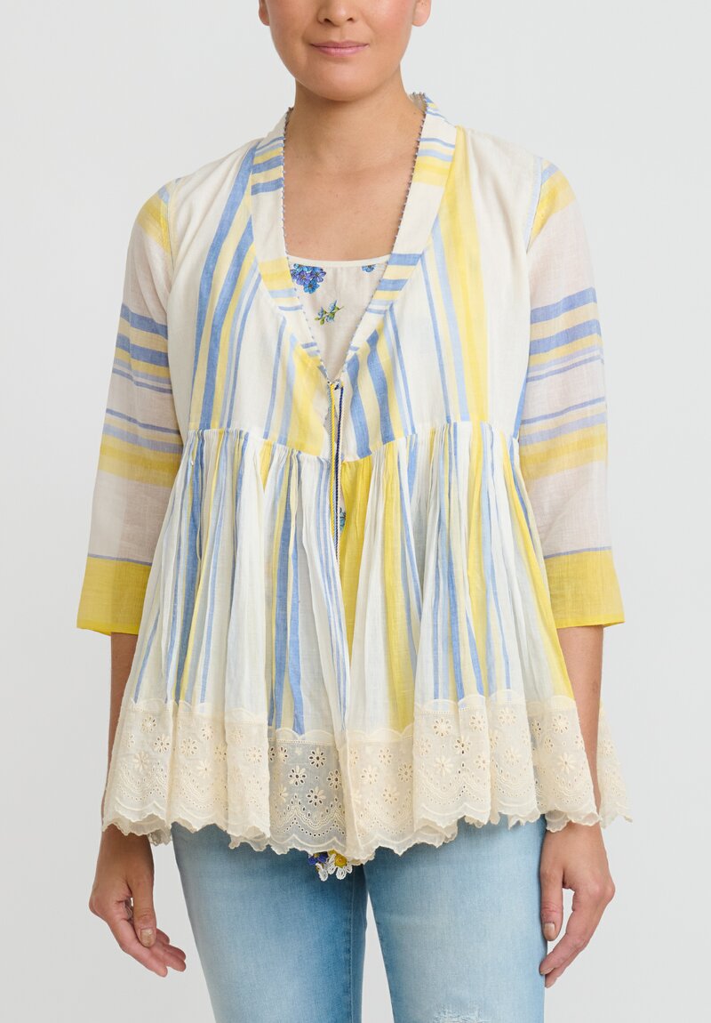 Péro Cotton Pleat Waist Top with Floral Camisole in Blue and Yellow Stripes	