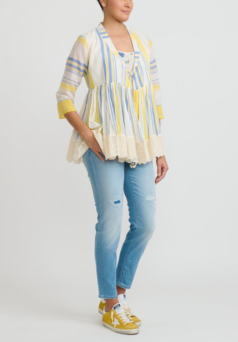 Péro Cotton Pleat Waist Top with Floral Camisole in Blue and Yellow Stripes	