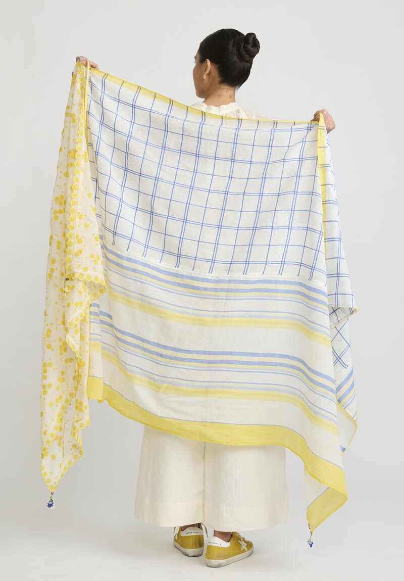 Péro Large Patchwork Embroidered Scarf in Ivory, Blue and Yellow	